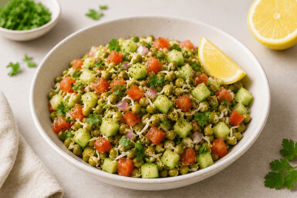 Fresh sprouted moong salad with cucumber, tomato, chaat masala and lemon juice in a bowl