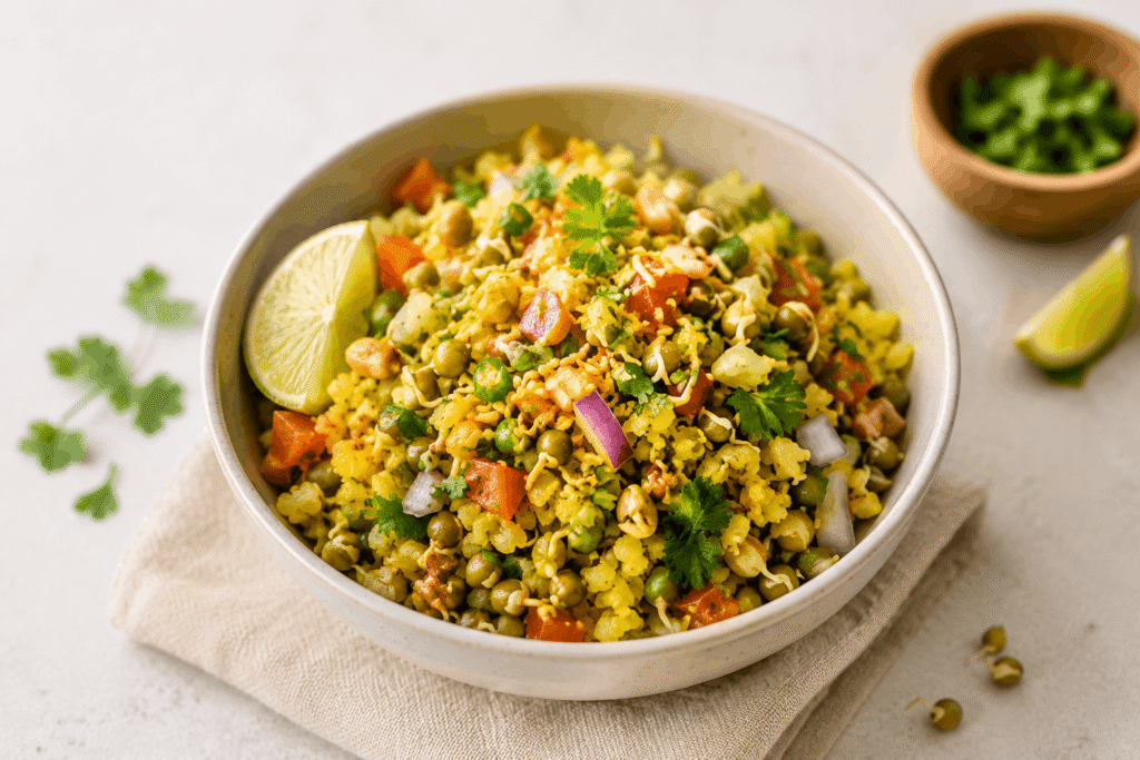 Fresh mixed sprouts chaat with tomato cucumber and lemon in a bowl for weight loss breakfast
