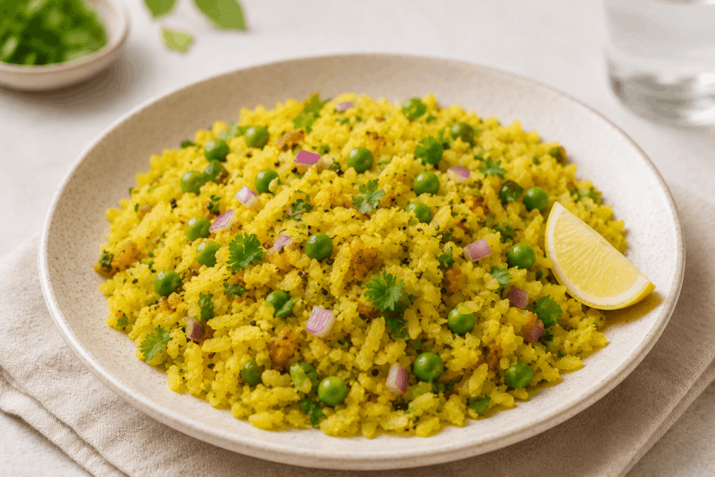 Plate of low-oil vegetable poha with turmeric, peas, onion and lemon — light Indian breakfast recipe
