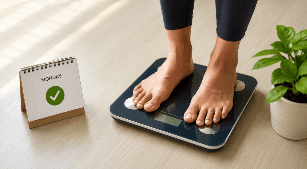 Person weighing on scale every Monday morning to track Indian diet plan progress