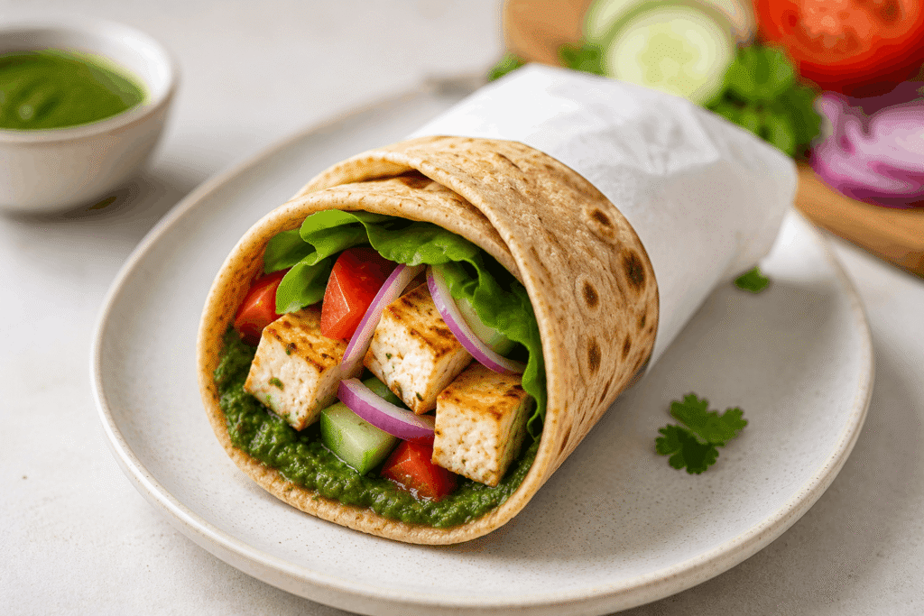 A whole wheat veggie wrap filled with paneer, cucumber, and chutney — a homemade healthy fast food alternative