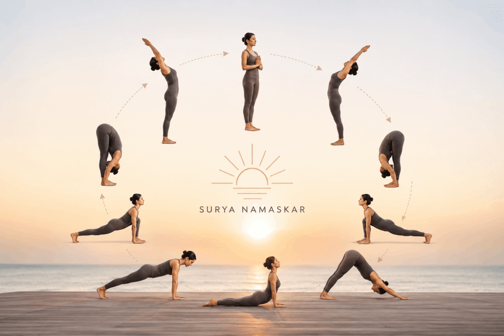 Surya Namaskar yoga pose for flexibility and fitness
