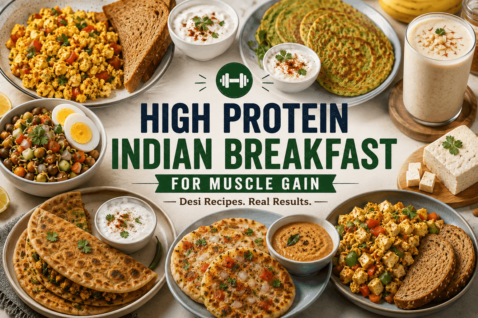 A spread of high protein Indian breakfast dishes including paneer bhurji, moong dal chilla and boiled eggs on a wooden table