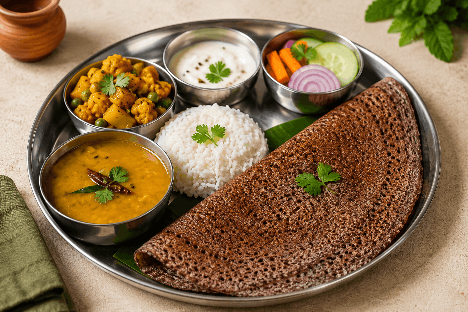 Healthy Indian thali spread with dal, ragi dosa, sabzi and curd — nutritious food near me in India