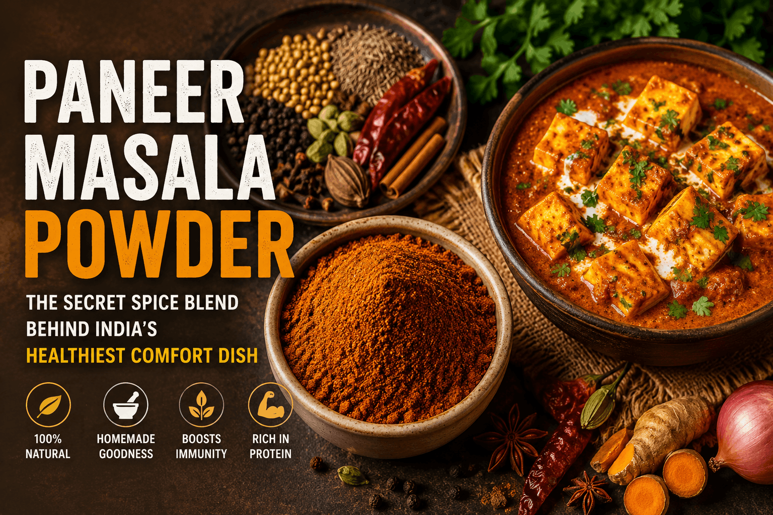 Homemade paneer masala powder in a wooden bowl with whole spices on a dark Indian kitchen counter