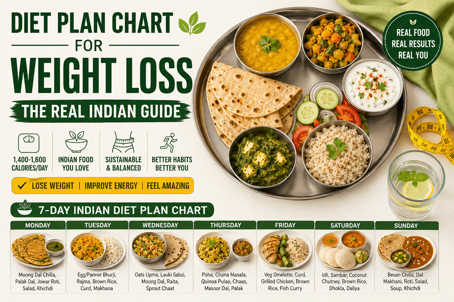 Indian diet plan chart for weight loss showing 7-day meal schedule with desi foods