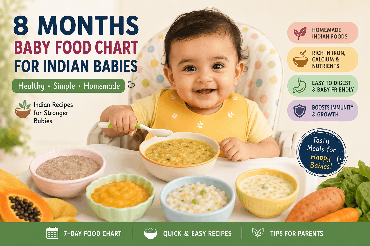 Indian mother feeding 8-month baby soft khichdi in a bowl at home