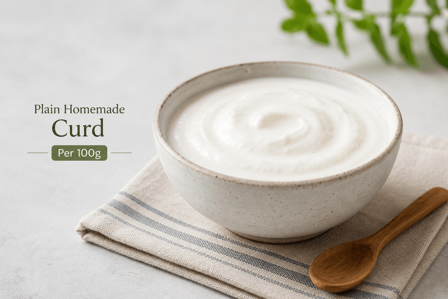 Curd nutritional value per 100g in a white katori on wooden surface