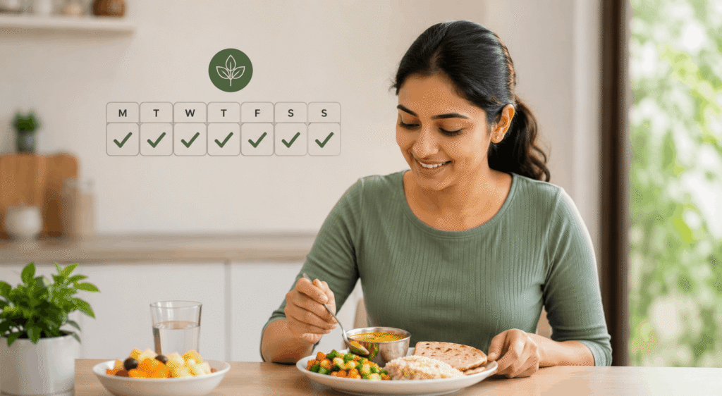 Indian woman following realistic 7 day diet plan chart for consistent long term weight loss