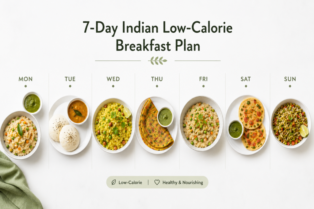 Low-Calorie Indian Breakfast — 7-day Indian weight loss breakfast meal plan laid out on a white table
