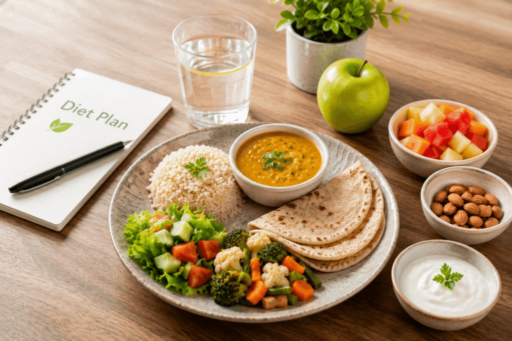 Realistic diet plan featuring a balanced meal with whole wheat roti, dal, rice, fresh salad, mixed vegetables, curd, almonds, fruits, and water arranged on a wooden table in natural light."