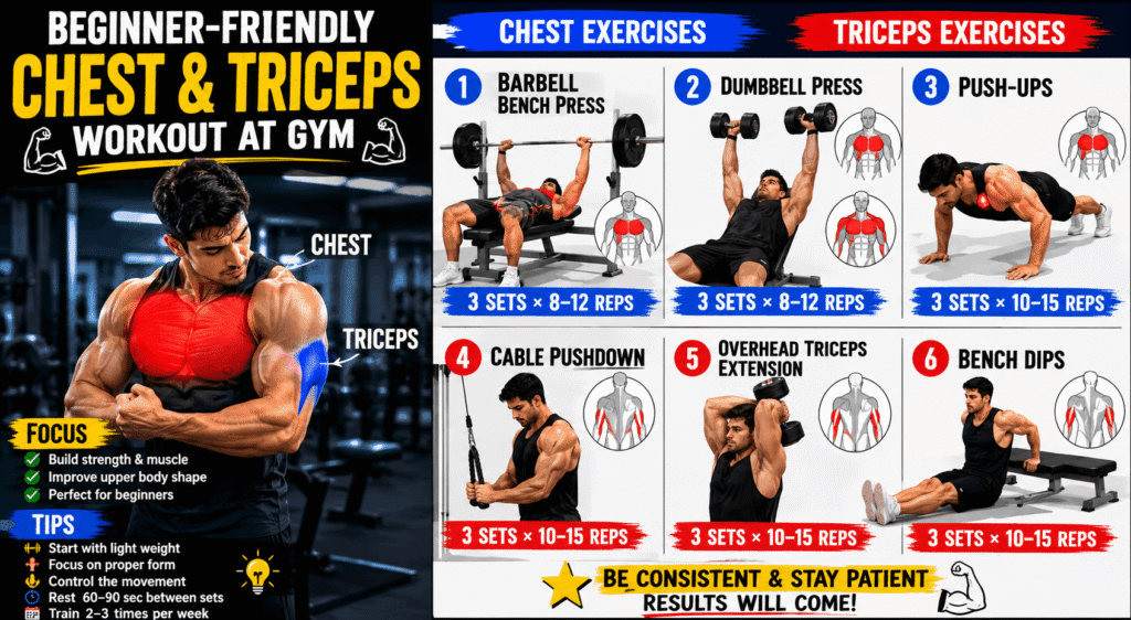 beginner chest workout, triceps workout, gym workout for beginners, chest exercises, triceps exercises, upper body workout, strength training, muscle building, fitness training, gym routine, workout plan, weight training, bodybuilding workout, resistance training, fitness motivation, Beginner fitness guide, chest day workout, arm workout, healthy lifestyle, gym exercises

