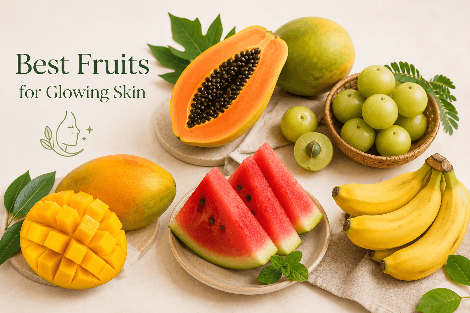 Best fruits for glowing skin including papaya amla mango watermelon and banana