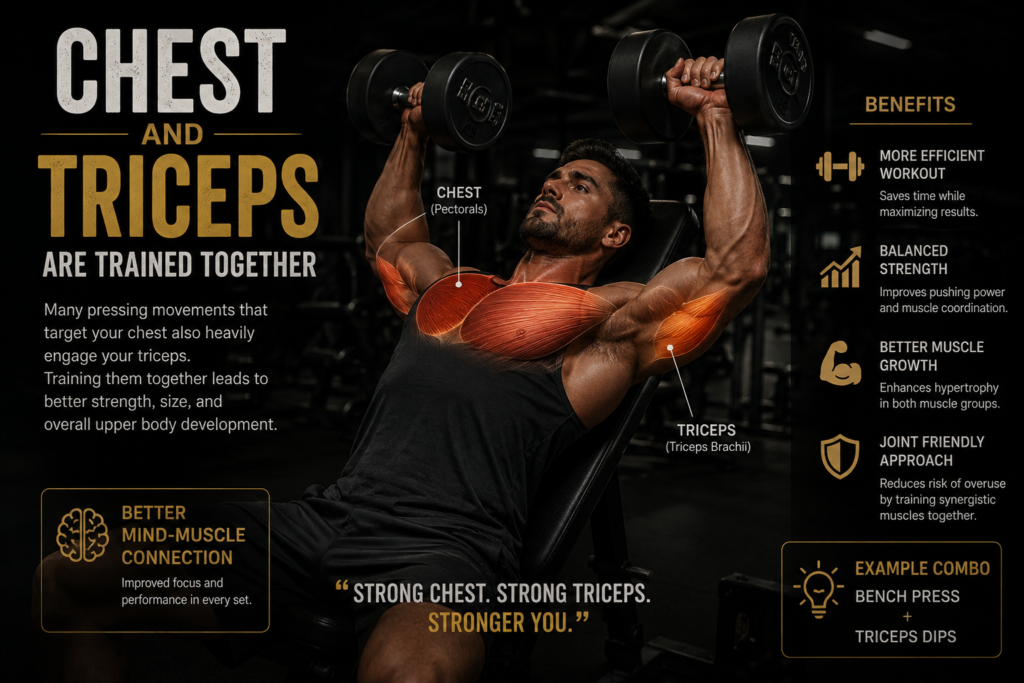 When you do pressing movements — flat bench, incline bench, dips, push-ups — your triceps are working the entire time as a supporting muscle.