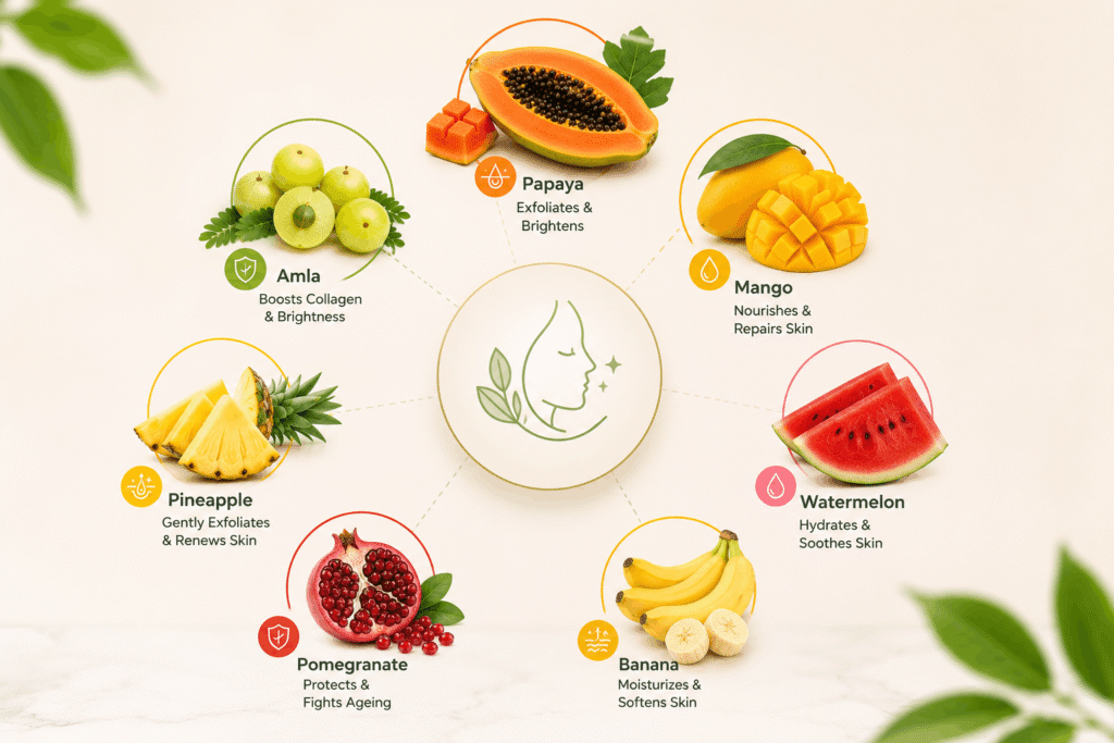 Best fruits for glowing skin benefits comparison infographic