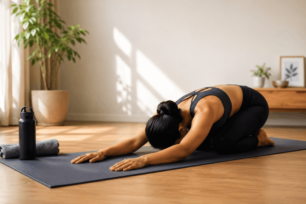 Person doing child's pose stretch on yoga mat after workout cool down stretching after 15 minute workout at home"