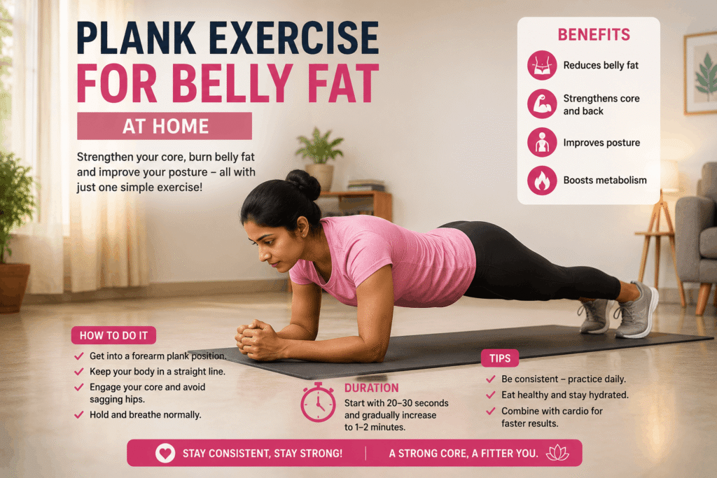 Indian woman doing plank exercise for belly fat at home