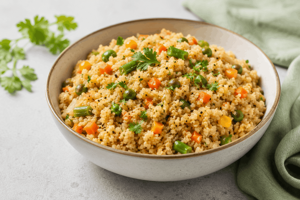 Low-Calorie Indian Breakfast — broken wheat dalia upma with mixed vegetables and fresh coriander