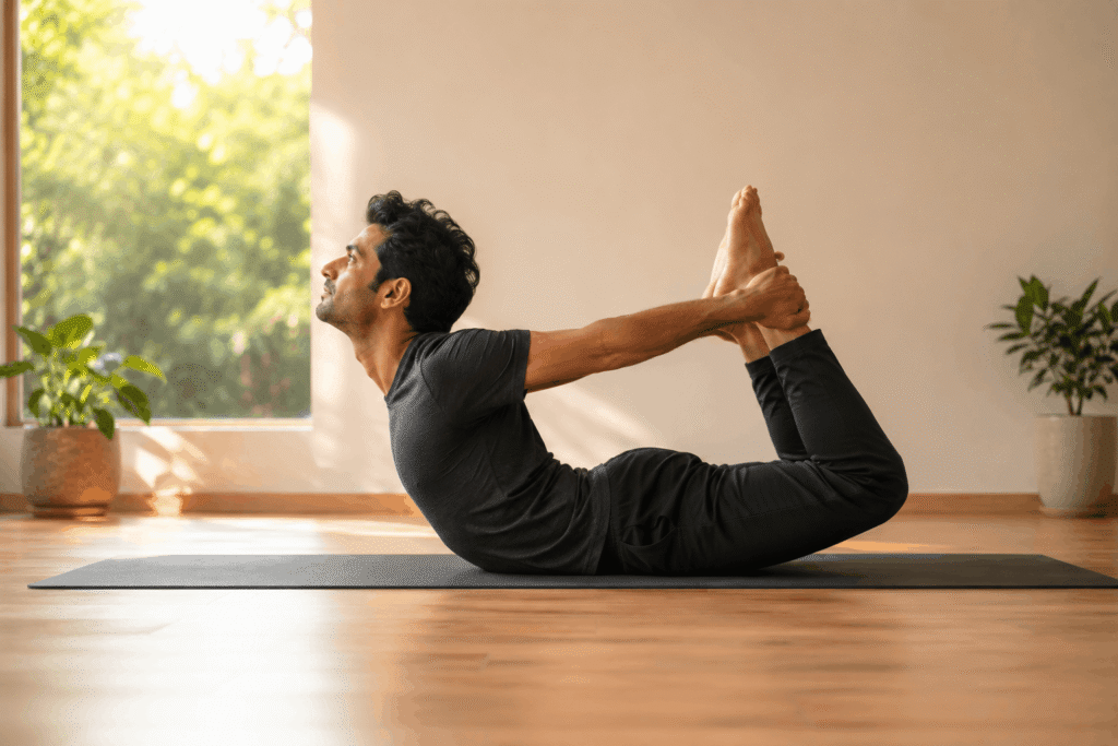 man doing Dhanurasana bow pose yoga to activate thyroid and metabolism