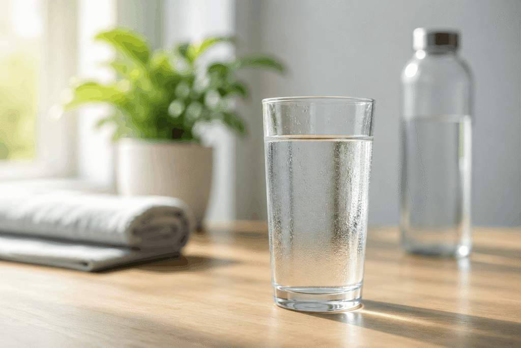A clear glass of water on a wooden table with soft natural sunlight, symbolizing hydration, wellness, and healthy daily habits.