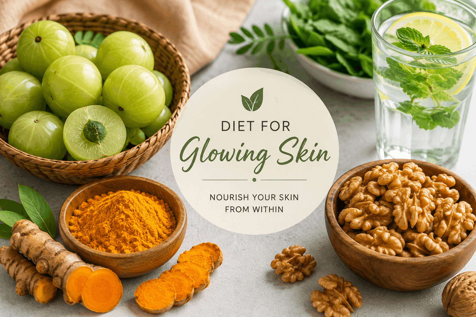 Diet for glowing skin with Indian foods like amla, turmeric, and walnuts