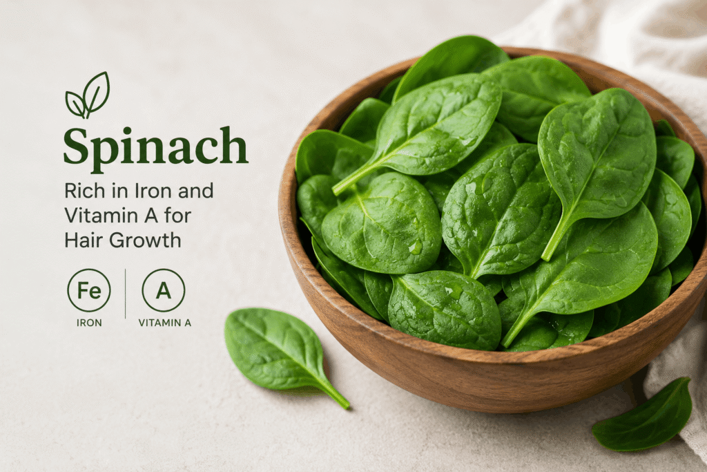 Fresh spinach leaves rich in iron and vitamin A for hair growth diet plan
