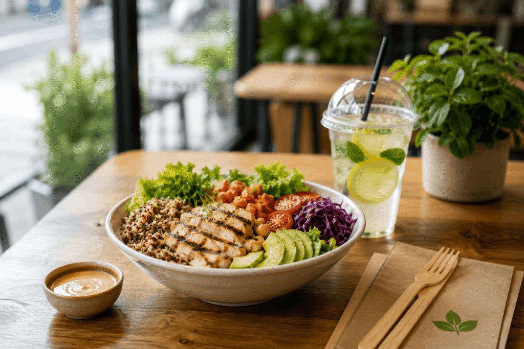 "Fresh healthy meal bowl with grilled protein, quinoa, avocado, colorful vegetables, and a refreshing drink on a wooden café table in natural daylight."