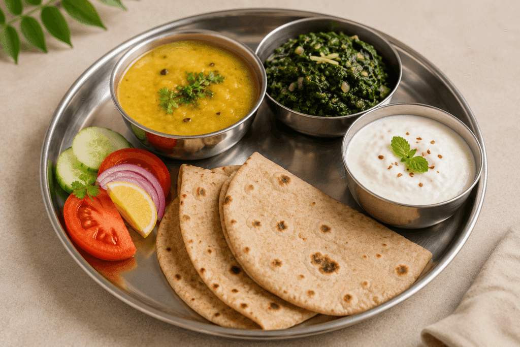 Healthy Indian thali with dal spinach curd and roti for glowing skin