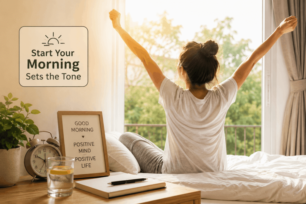 Woman stretching near a sunlit window in the morning with a glass of water, alarm clock, and healthy breakfast, representing a positive morning routine.