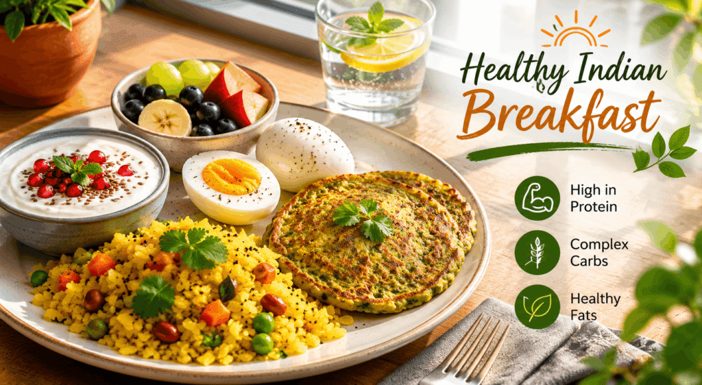 Healthy Indian breakfast with protein and complex carbs after morning exercise