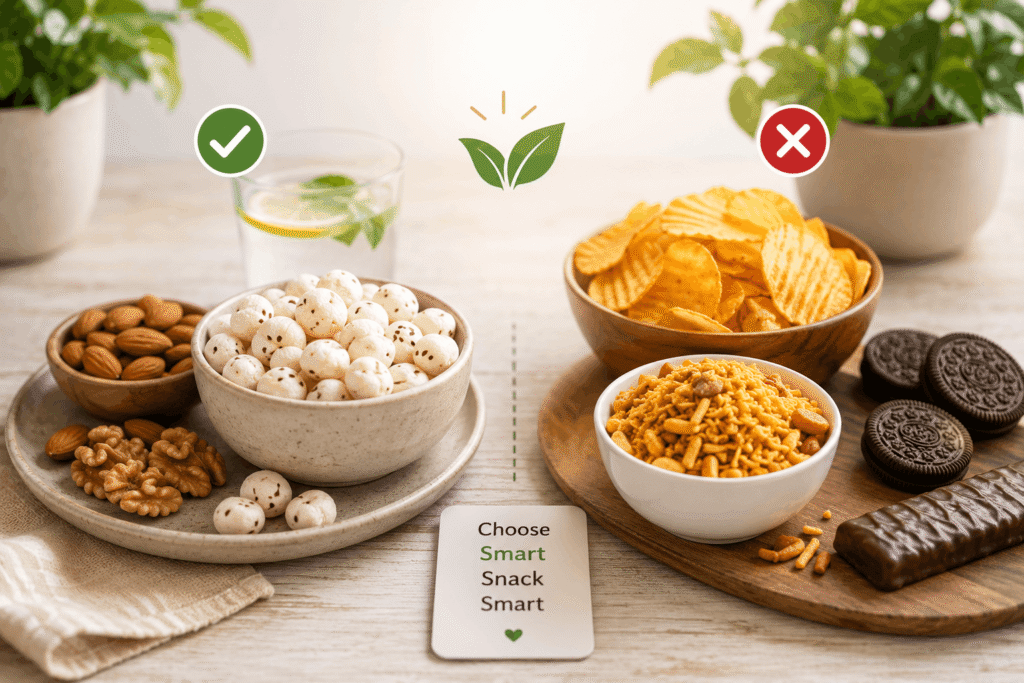 Healthy snacks including makhana, almonds, walnuts, and lemon water placed beside processed snacks, illustrating smart snacking choices for a healthier lifestyle.