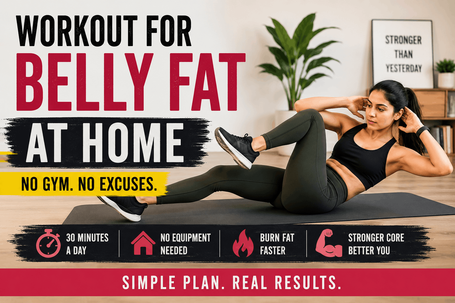 Woman doing home workout for belly fat on yoga mat in Indian home