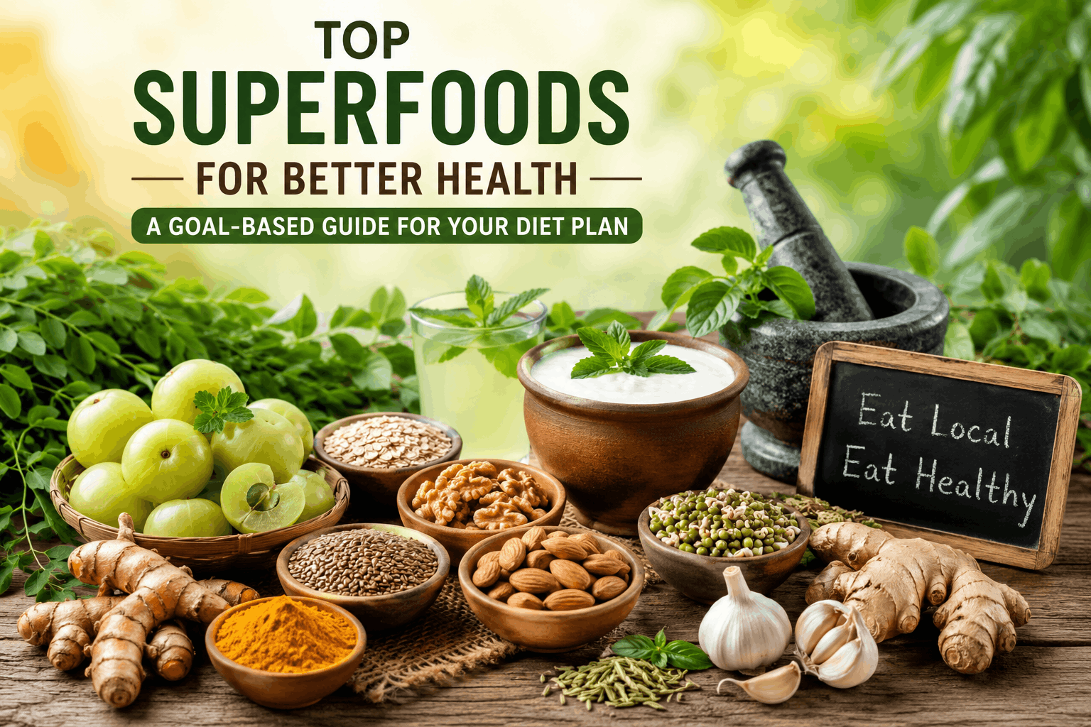 Superfoods for better health including amla, turmeric, ginger, oats, flax seeds, walnuts, curd, and sprouts arranged on a healthy food table