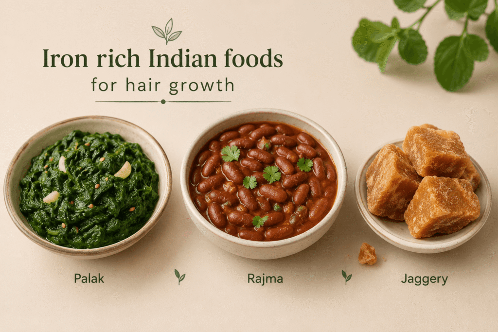Iron rich Indian foods for hair growth including palak rajma and jaggery