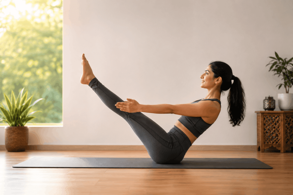 Woman performing Navasana boat pose yoga exercise for flat stomach