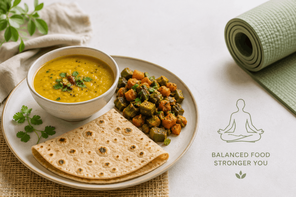 Healthy Indian food dal sabzi roti for weight loss with yoga diet