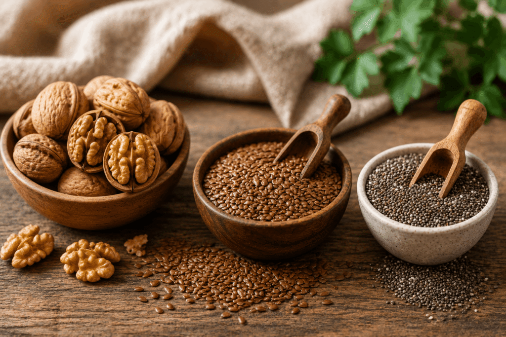 Walnuts flaxseeds and chia seeds omega 3 rich foods for healthy hair growth