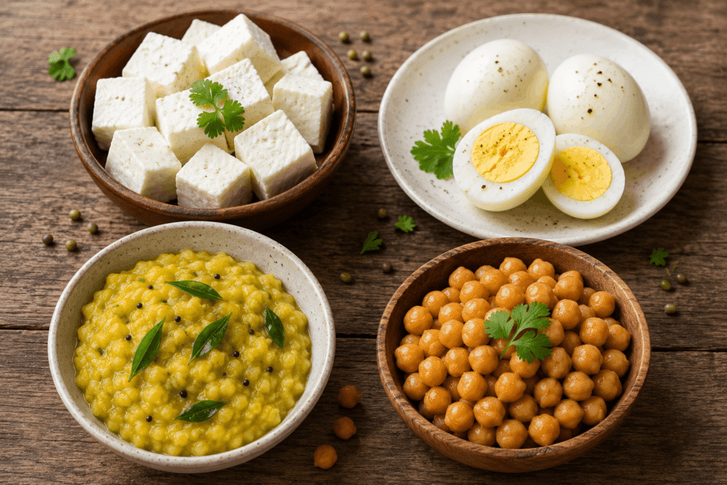 High protein Indian foods for hair growth like paneer eggs moong dal and chana
