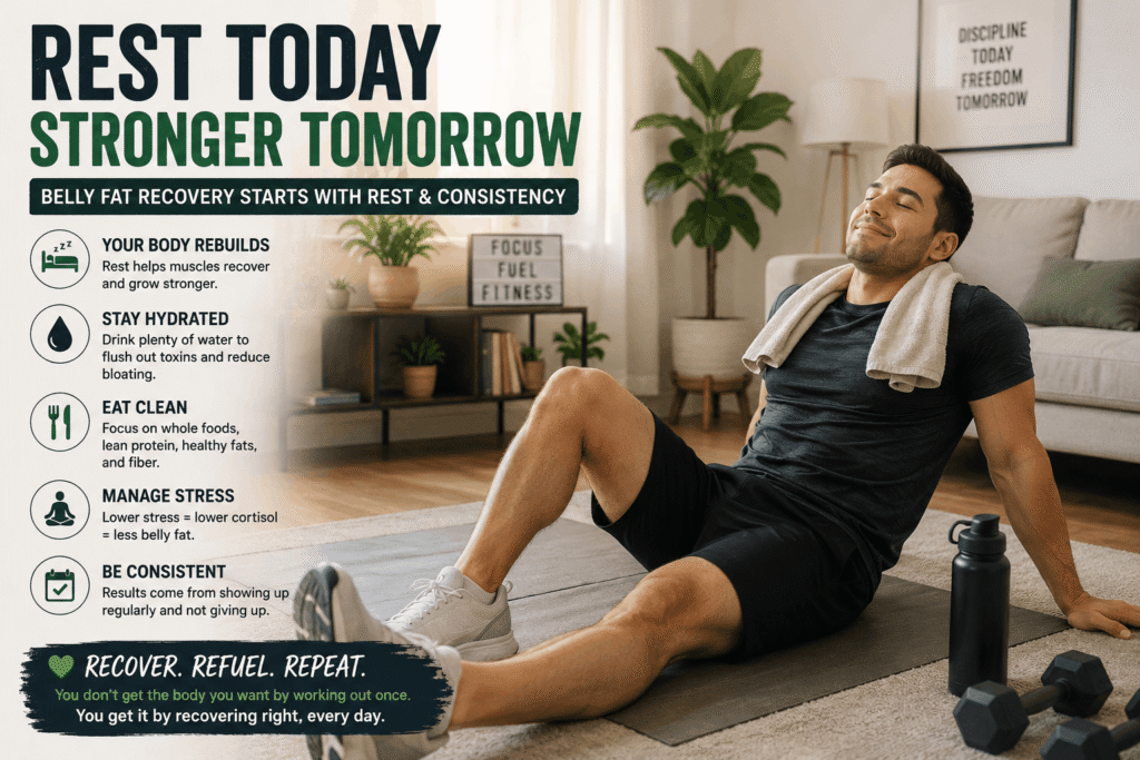 man resting after home workout for belly fat recovery
