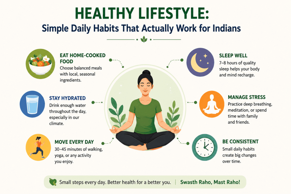Infographic showing simple healthy lifestyle habits for Indians, including eating home-cooked food, staying hydrated, exercising daily, sleeping well, managing stress, and maintaining consistency.