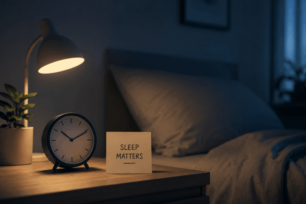 A peaceful bedroom at night with a bedside lamp, alarm clock, and neatly made bed, highlighting the importance of quality sleep and recovery.