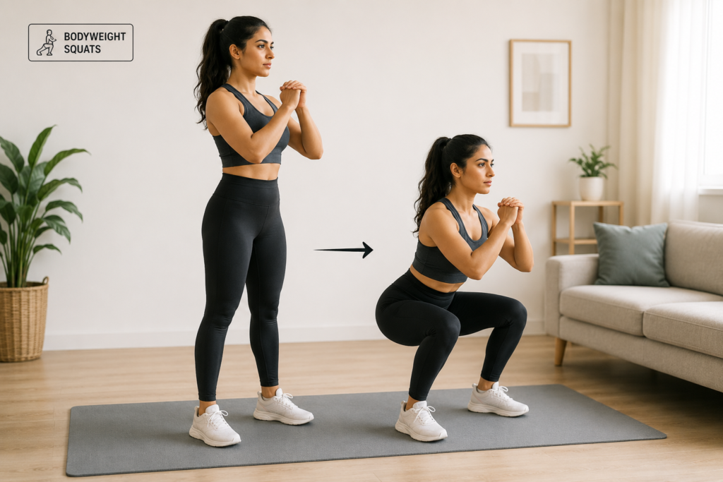Indian woman doing bodyweight squats in bedroom without equipment bodyweight squats exercise in 15 minute workout at home"