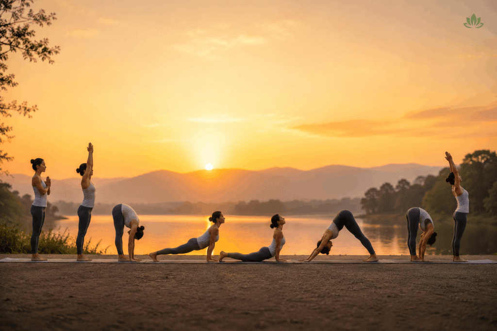 Woman practicing Surya Namaskar yoga poses for weight loss at sunrise
