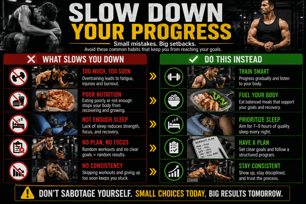 Fitness mistakes, slow fitness progress, workout mistakes, gym training tips, fitness journey, muscle growth tips, weight loss mistakes, fitness motivation, healthy lifestyle, exercise recovery, workout consistency, gym success, strength training tips, fitness goals, proper nutrition, sleep and recovery, workout planning, fitness habits, bodybuilding tips, training mistakes

