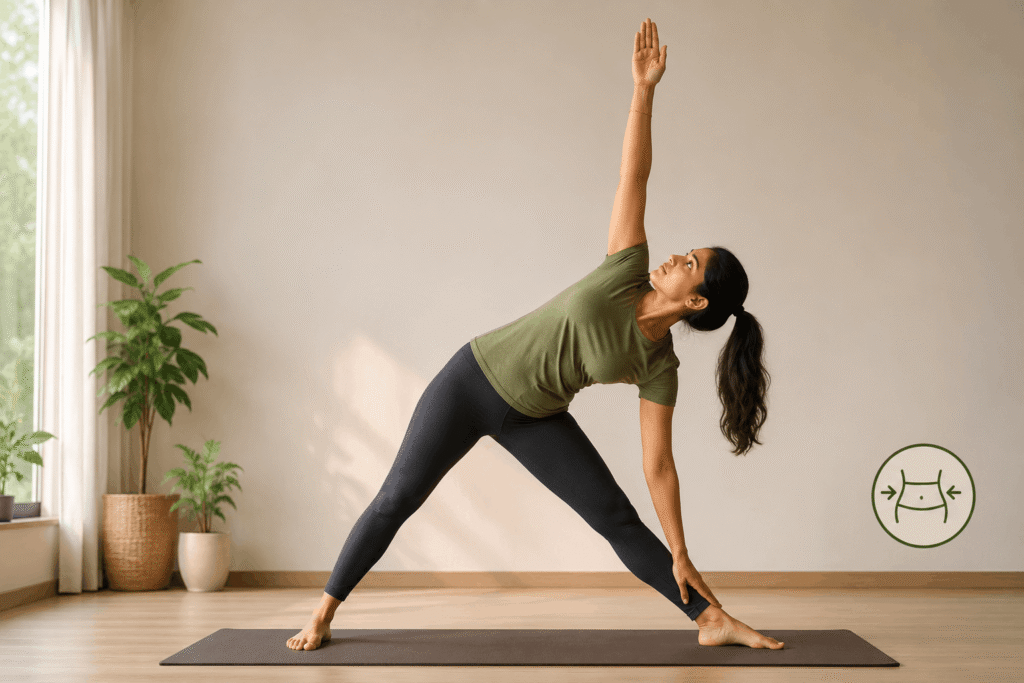 Indian woman doing Trikonasana triangle pose to reduce belly fat