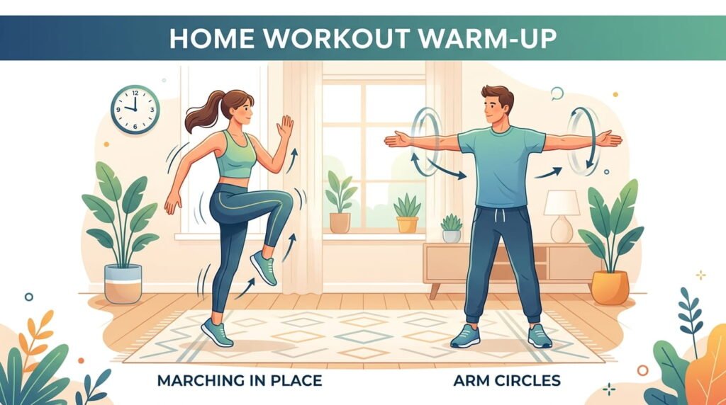 Person doing marching in place and arm circles as warm-upwarm up exercises before 15 minute home workout routine"