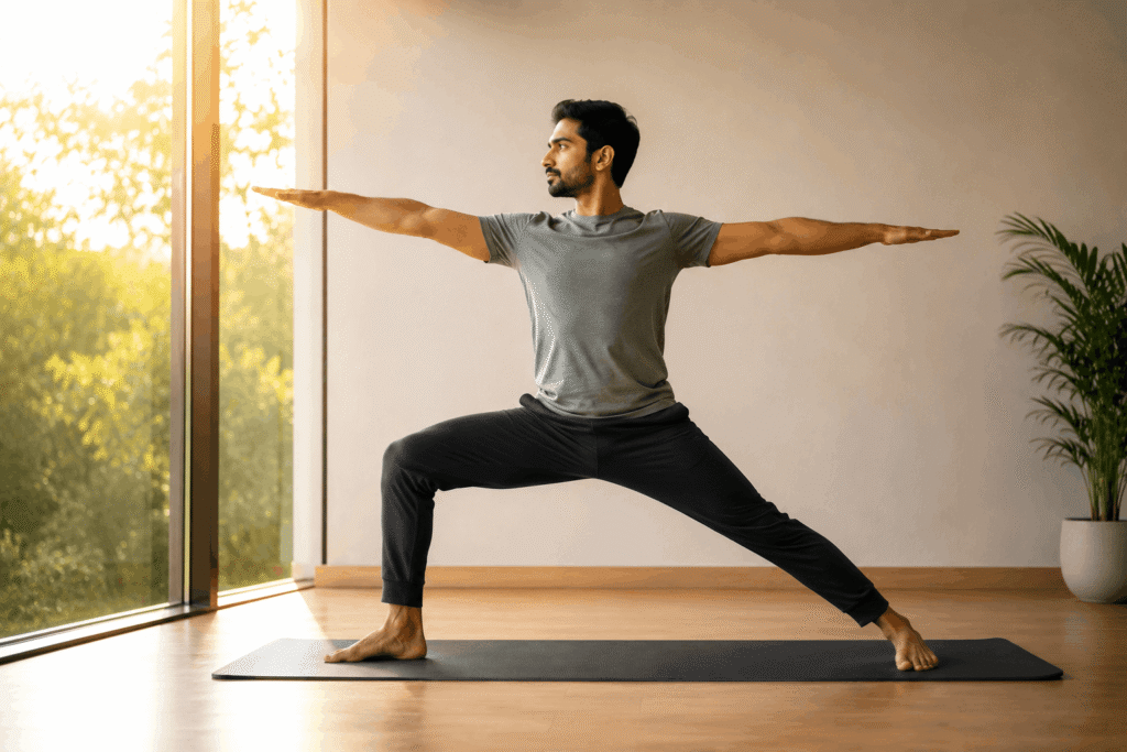 man holding Warrior II yoga pose for weight loss and muscle strength