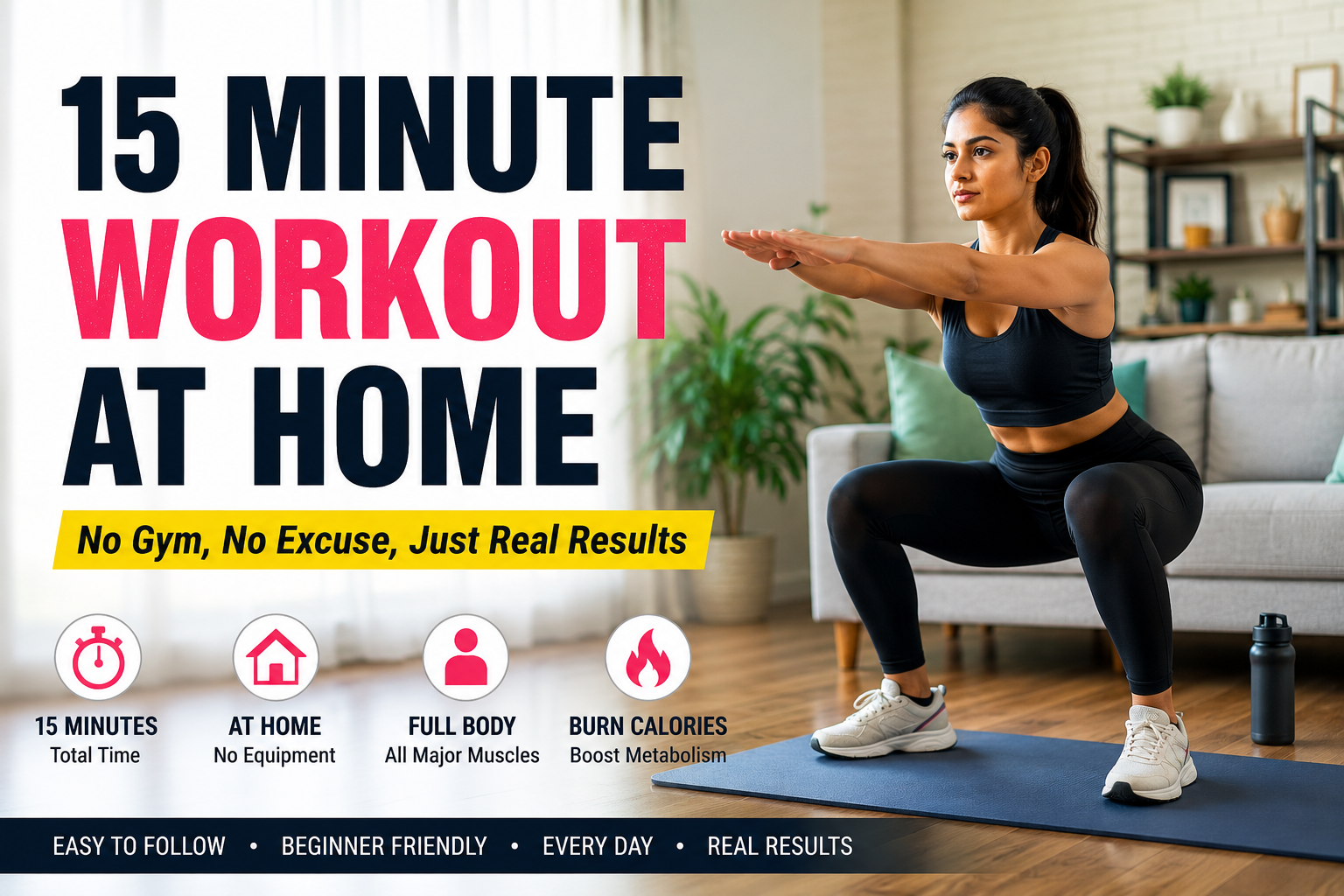 A person doing a home workout in a small Indian living room space ALT: "15 minute workout at home for beginners in India"