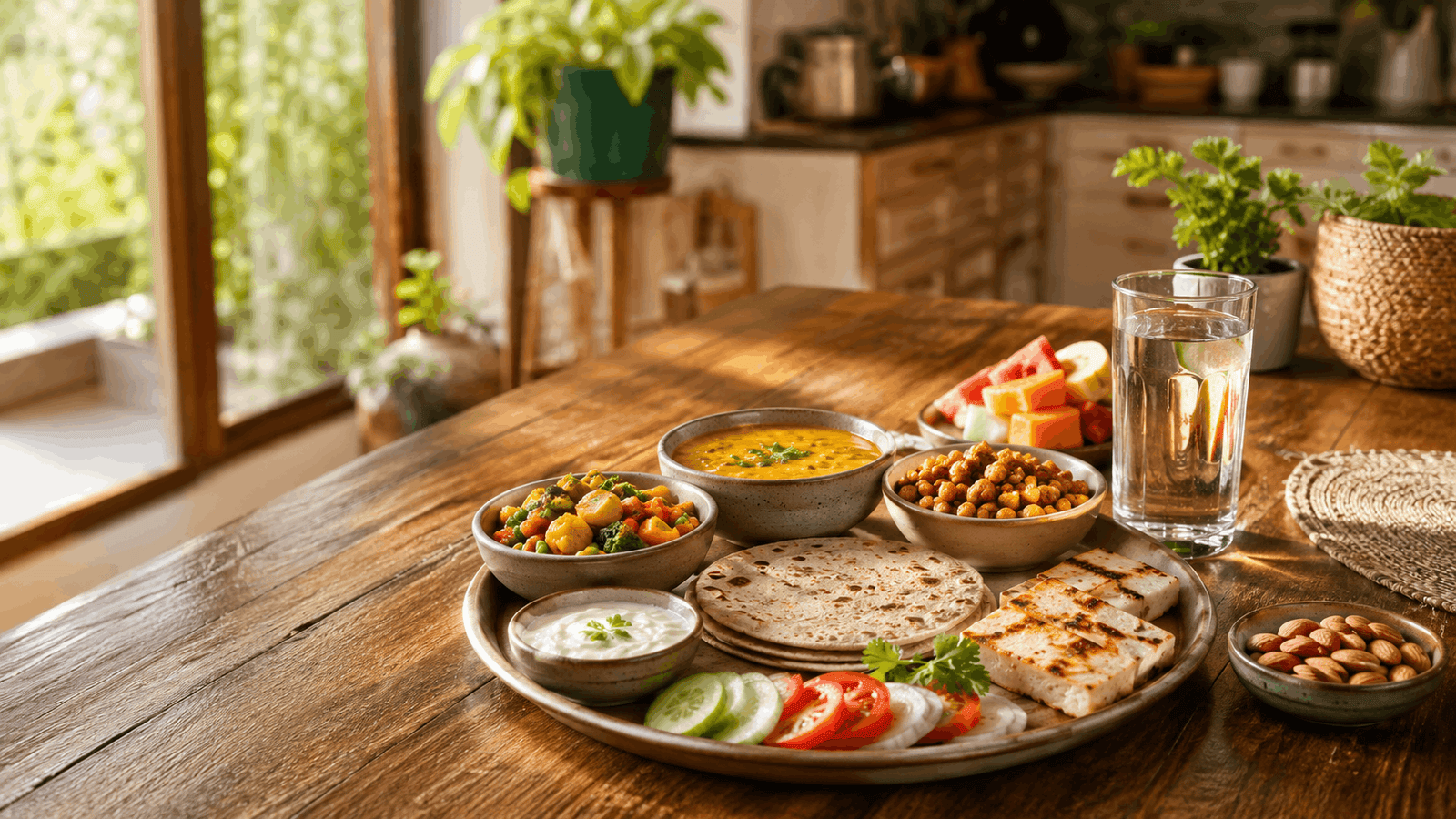 Healthy Meals for Weight Loss featuring whole wheat roti, dal, grilled paneer, fresh vegetables, curd, roasted chana, fruits, almonds, and water on a rustic wooden dining table in a bright modern kitchen."