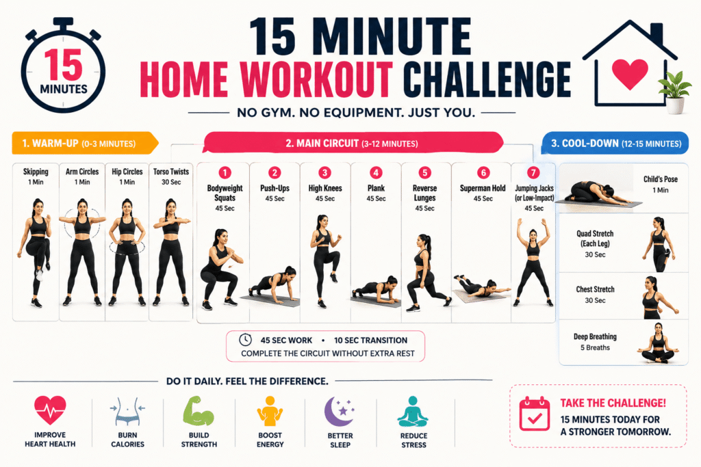 Image 6 — Results / Lifestyle
Fit and energetic Indian person after completing daily home workout results of daily 15 minute workout at home for Indians"